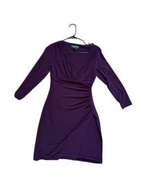 Ralph Lauren Deep Purple Faux-Wrap Long Sleeve Dress